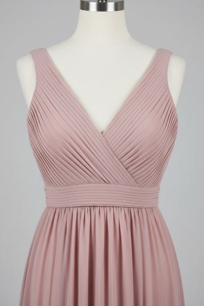Dusty rose chiffon pleated V-neck A-line bridesmaid dress - bodice detail