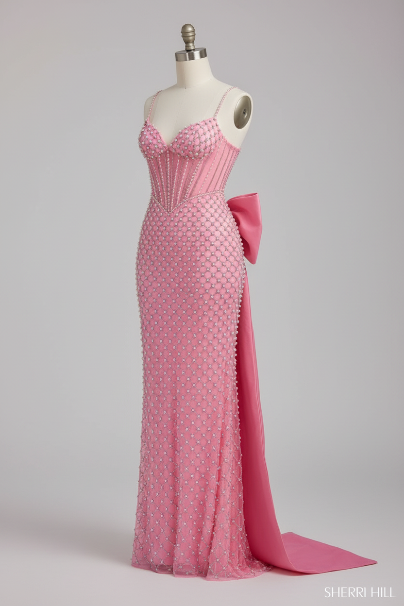 Pink beaded gown side angle view