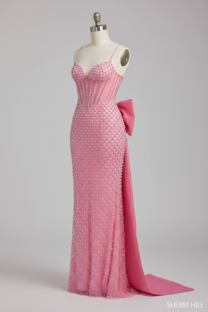 Pink beaded gown side angle view