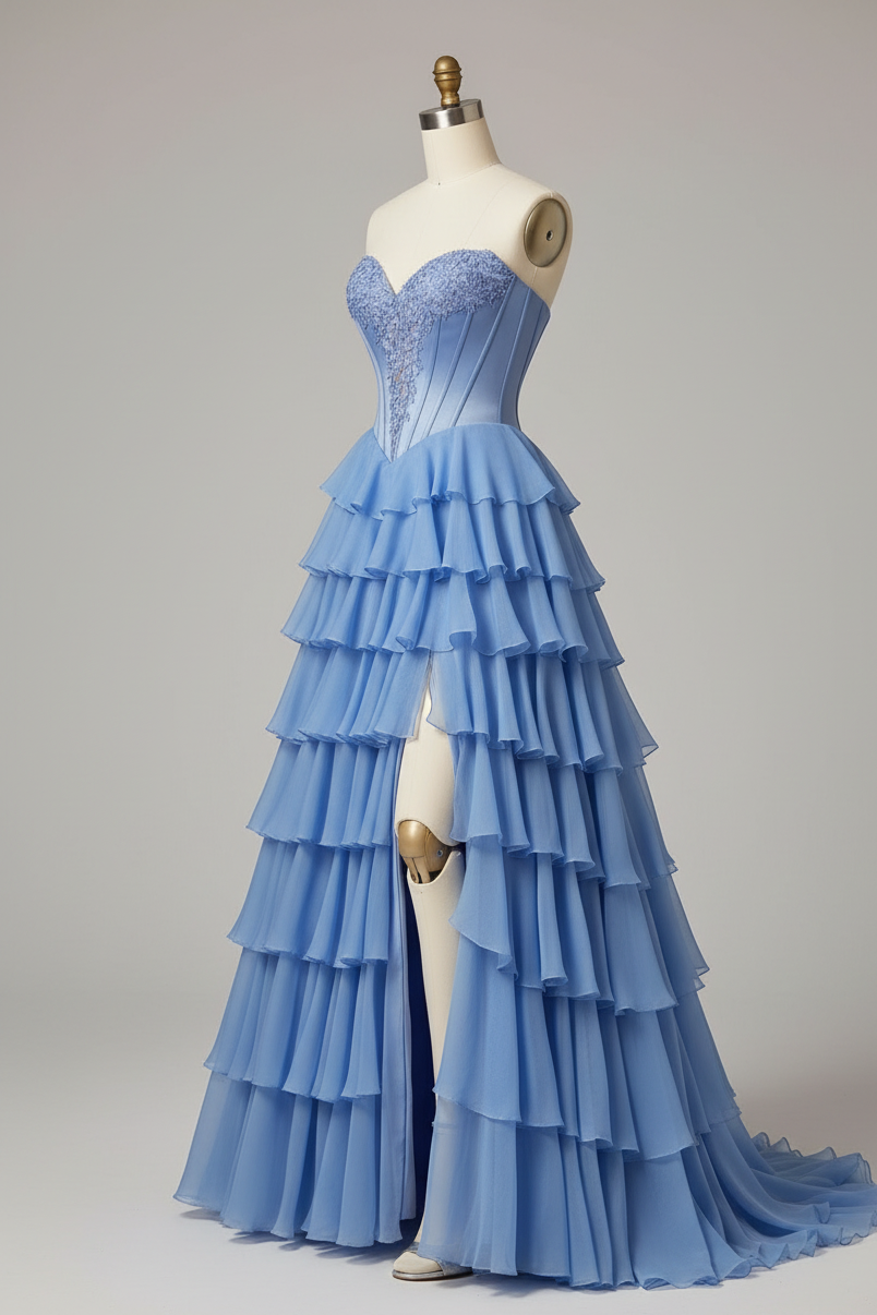 Periwinkle Blue Tiered Ruffle Prom Dress - Strapless Sweetheart Neckline with High Slit