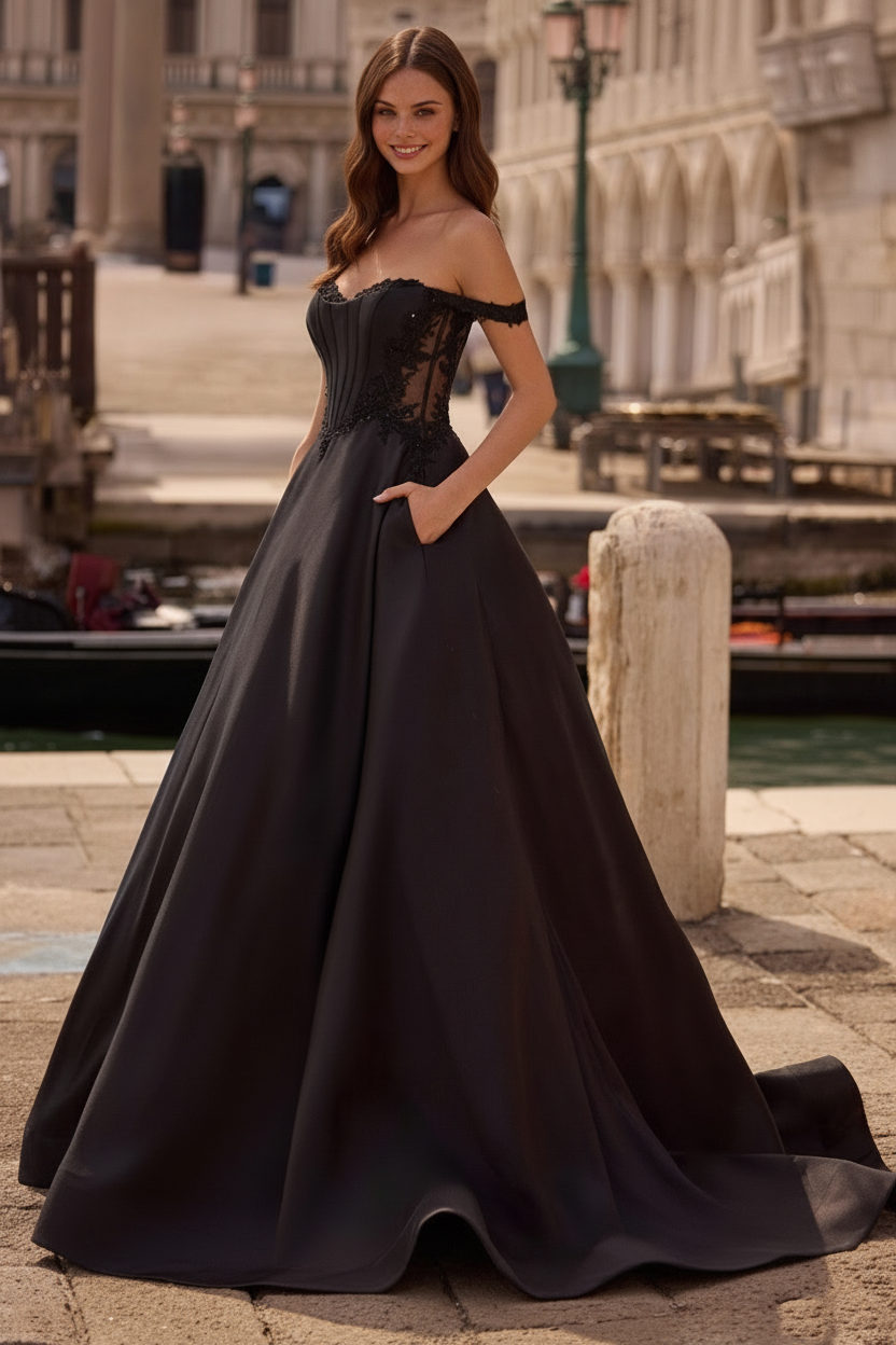 Customer wearing black A-line ball gown with lace bodice