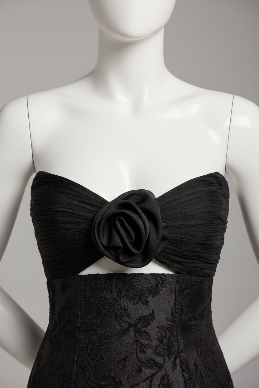 Black lace mermaid evening gown - bodice and bow detail