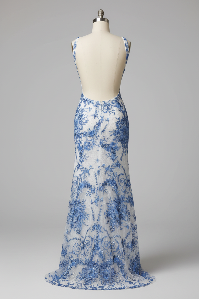 White mermaid prom dress with blue lace - back view