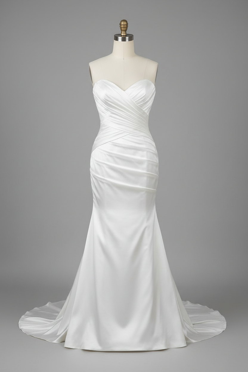 White satin strapless mermaid wedding dress - front view