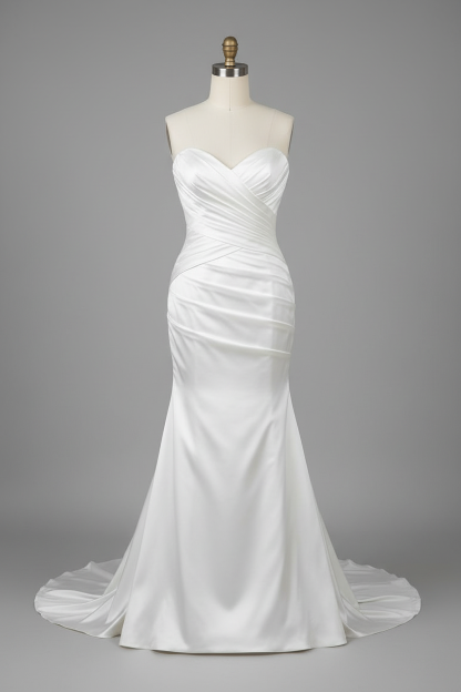 White satin strapless mermaid wedding dress - front view