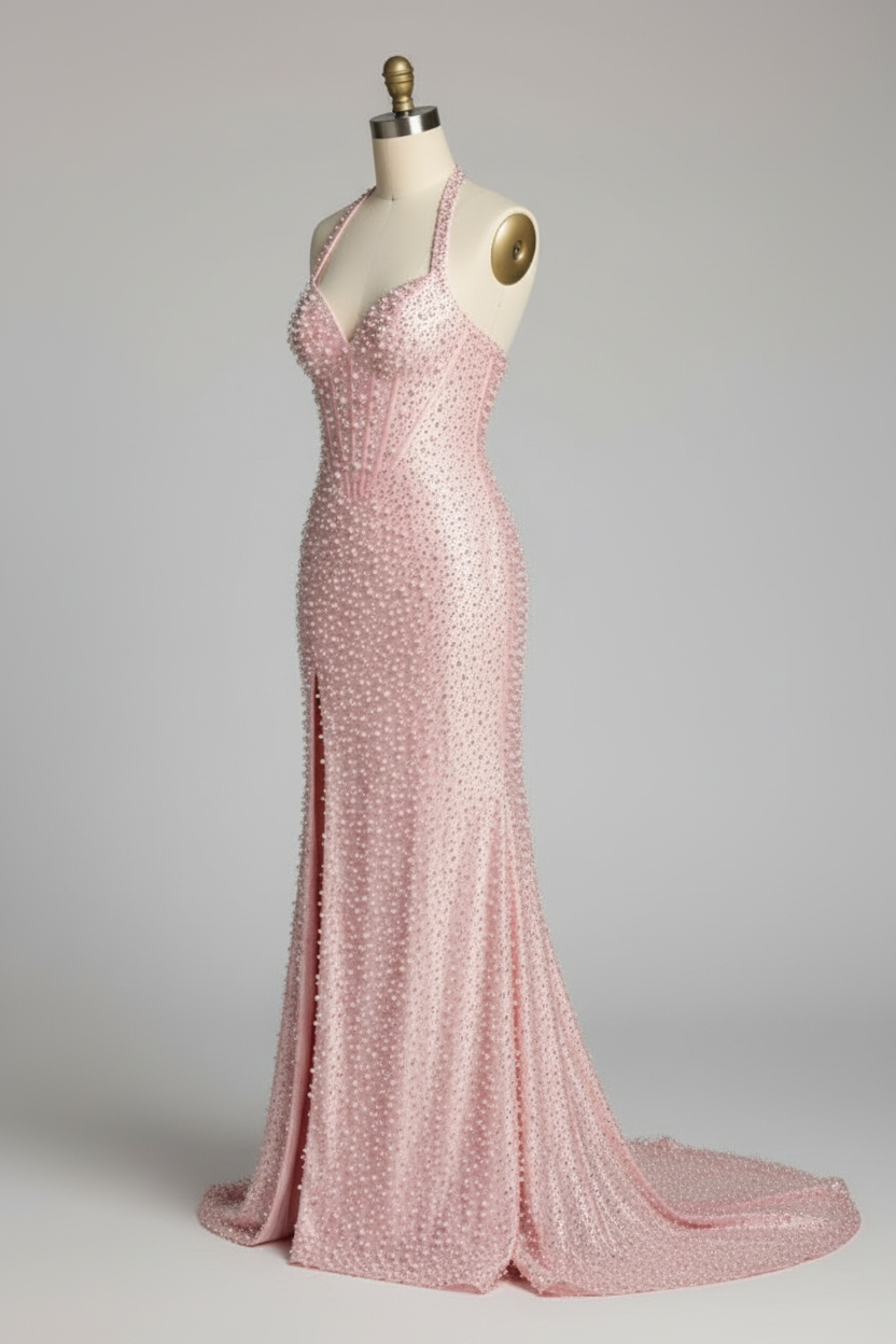 Pink beaded prom dress - alternate side view