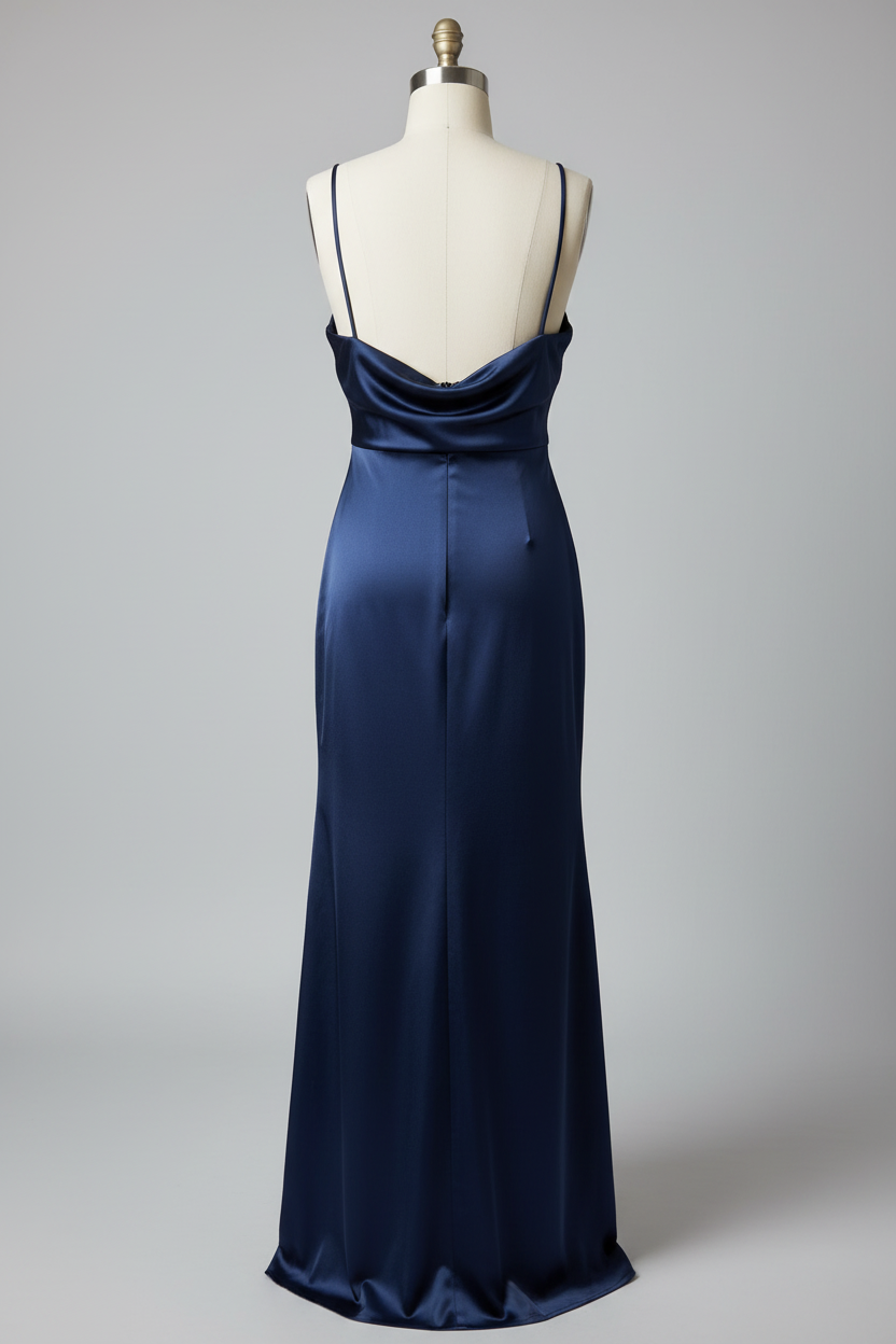 Navy blue satin cowl neck high slit sheath bridesmaid dress - back view