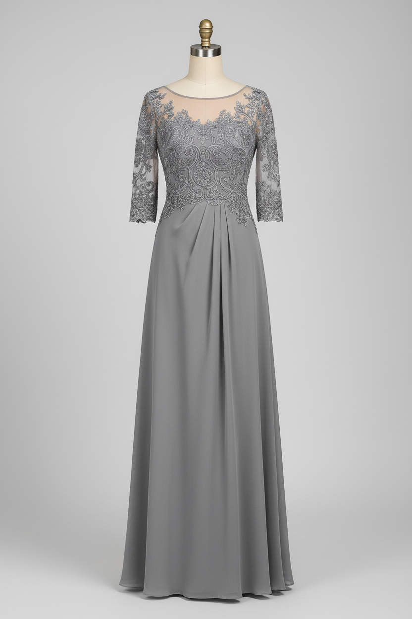 Gray lace illusion 3/4 sleeve A-line mother of the bride dress - front view