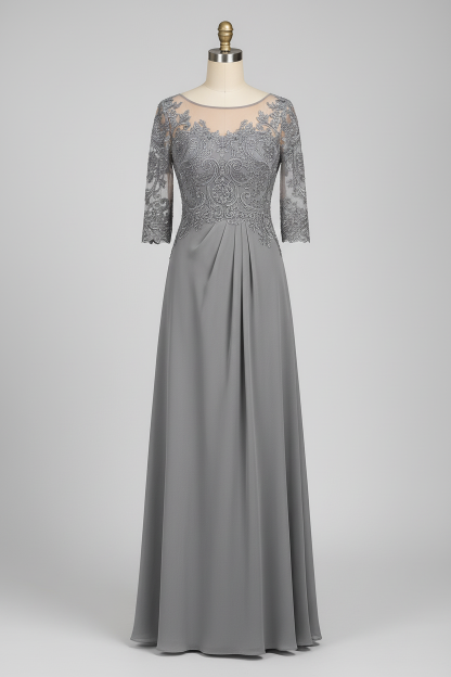 Gray lace illusion 3/4 sleeve A-line mother of the bride dress - front view