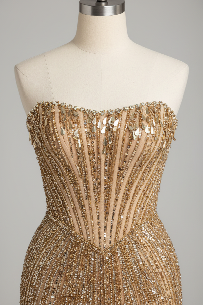 Gold fully beaded sunburst fitted evening gown - bodice detail