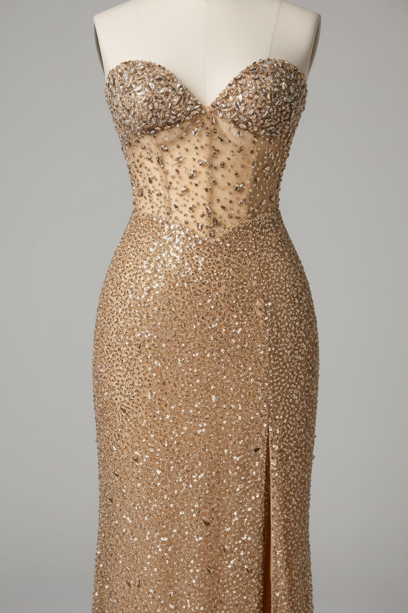 Champagne gold fully beaded evening gown - waist detail