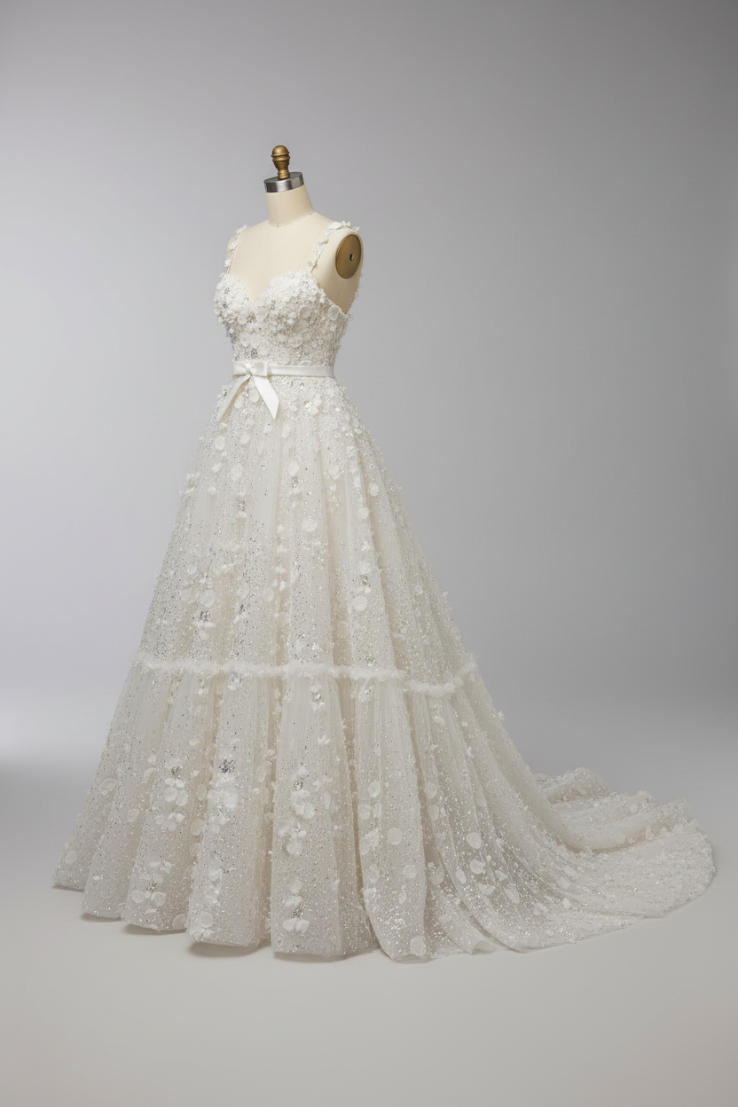 White 3D floral wedding dress - side view