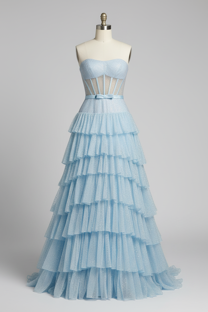 Light blue tiered tulle evening gown front view on mannequin