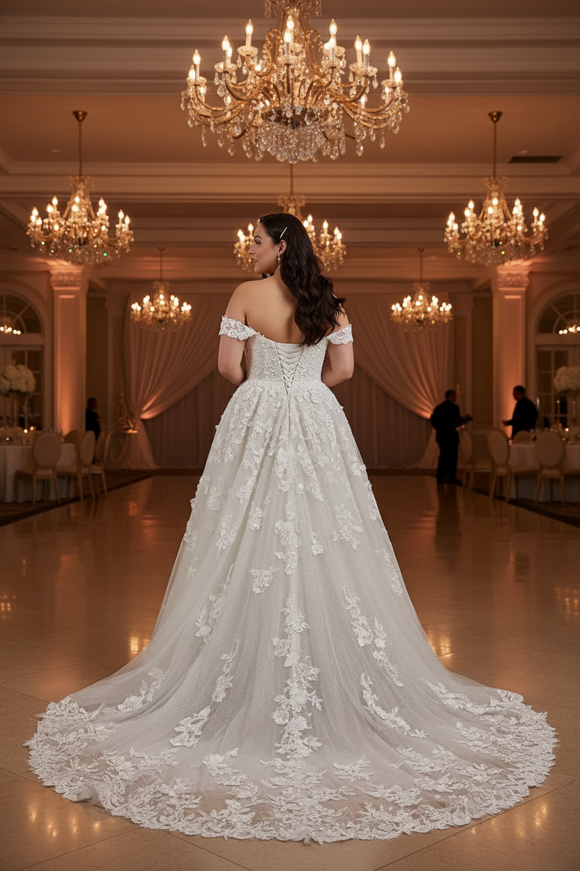 Bride wearing white lace off-shoulder A-line ball gown wedding dress - back