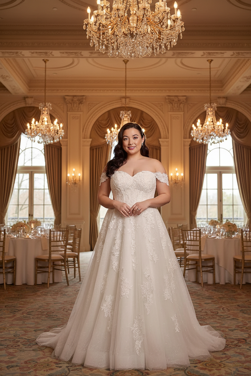 Bride wearing white lace off-shoulder A-line ball gown wedding dress - front