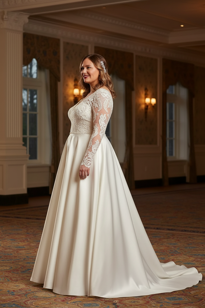 Bride wearing white lace illusion long sleeve V-neck A-line wedding dress - side