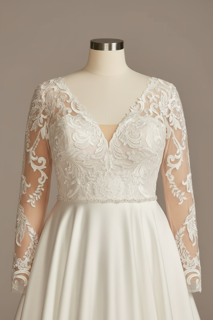 White lace illusion long sleeve V-neck A-line wedding dress - bodice detail