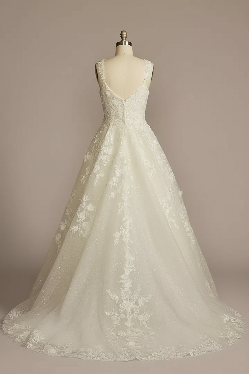 White lace strap A-line ball gown wedding dress - back view