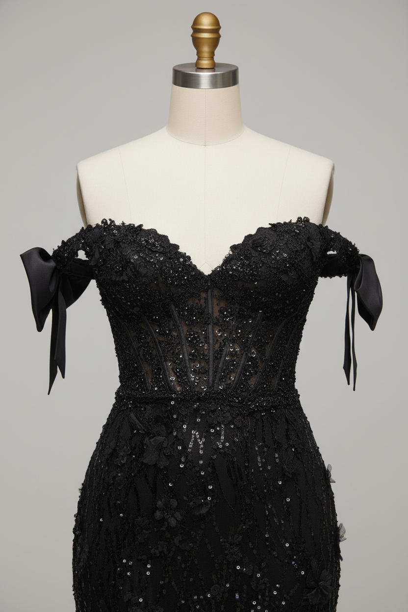 Black sequined lace mermaid evening gown - bodice detail