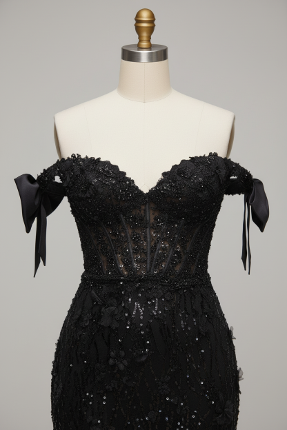 Black sequined lace mermaid evening gown - bodice detail