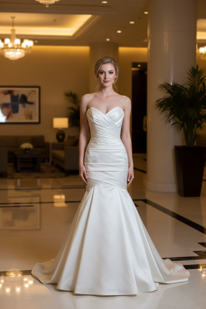 Bride wearing white satin strapless mermaid wedding dress - front