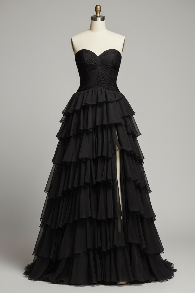 Black tiered ruffle evening gown - waist and ruffle detail