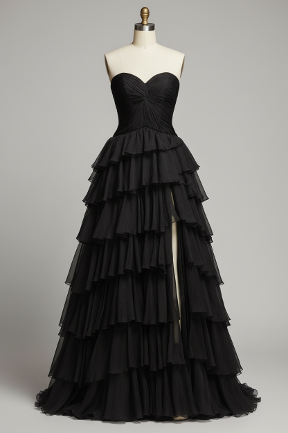 Black tiered ruffle evening gown - waist and ruffle detail