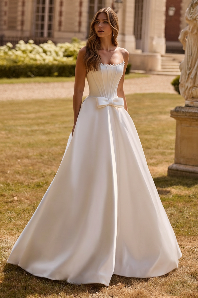 Bride wearing white pearl beaded corset A-line ball gown