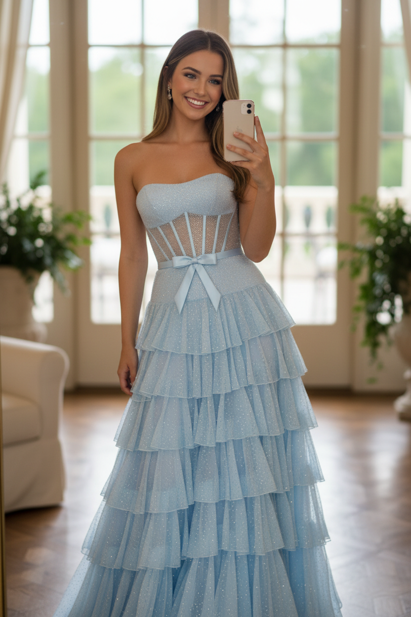 Customer wearing light blue tiered evening gown at event