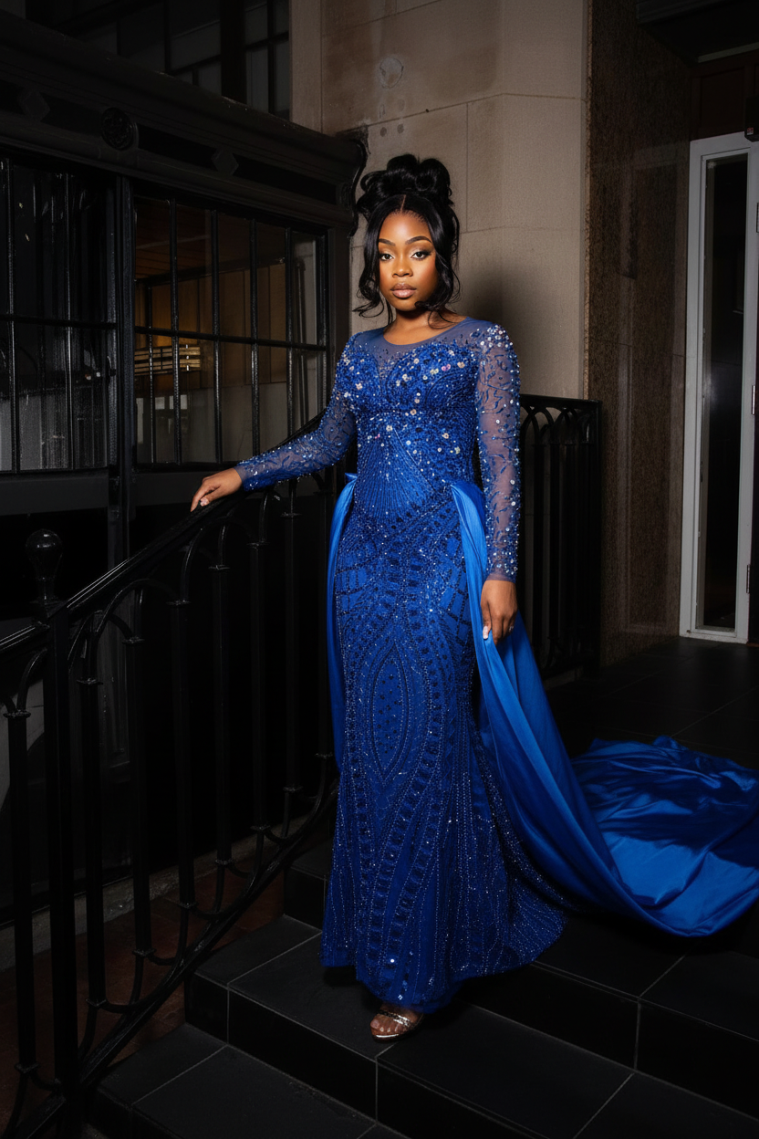 Royal Blue - Illusion Sleeve Beaded Gown