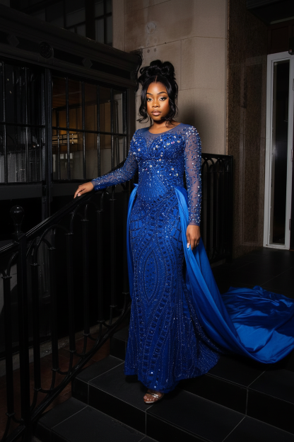 Royal Blue - Illusion Sleeve Beaded Gown