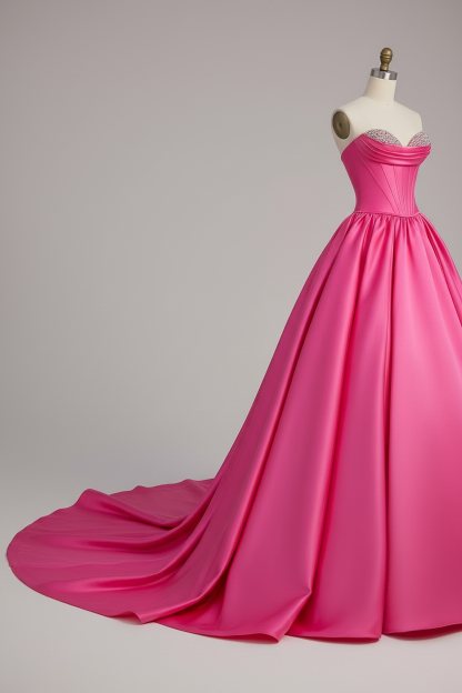 Hot pink crystal beaded A-line ball gown - hem and train detail