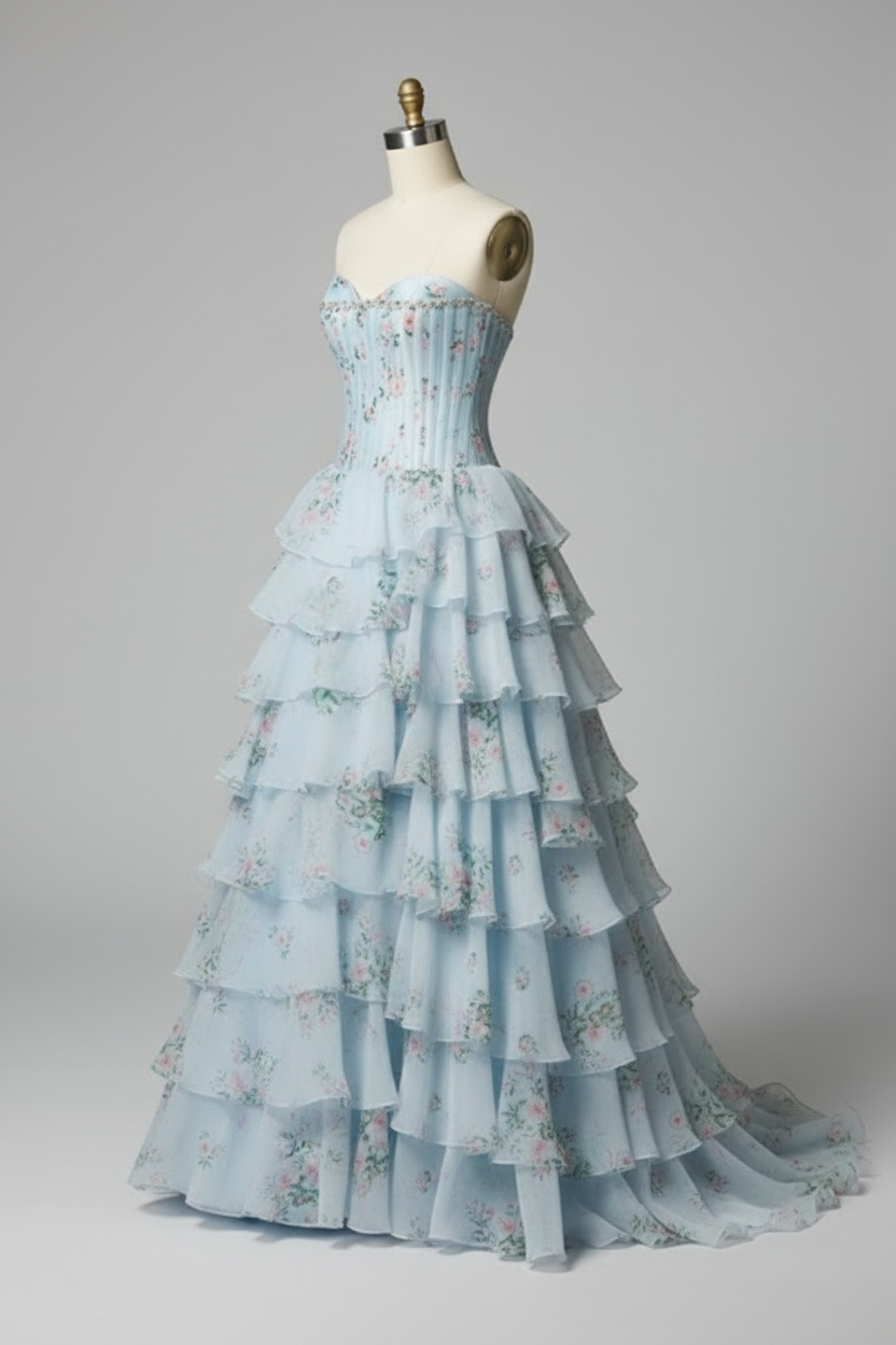 Light blue floral print ball gown - side view