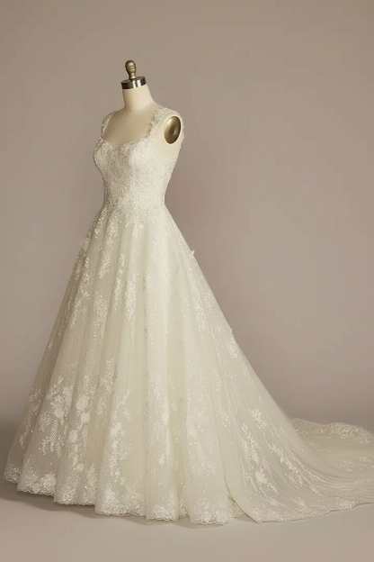 White lace strap A-line ball gown wedding dress - side view