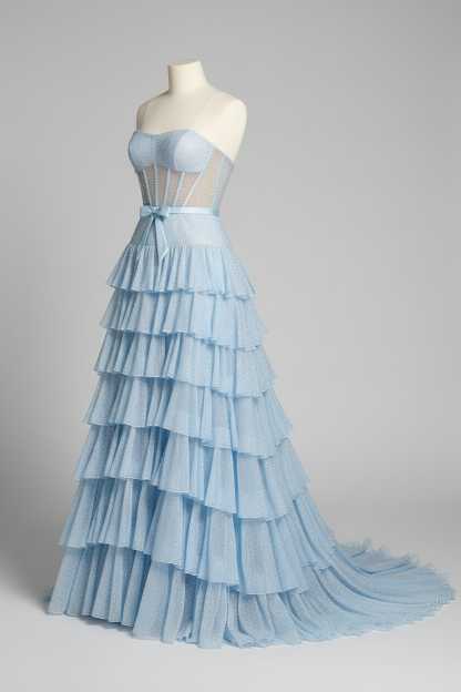 Light blue sheer corset tiered ruffle evening gown - hem and train detail