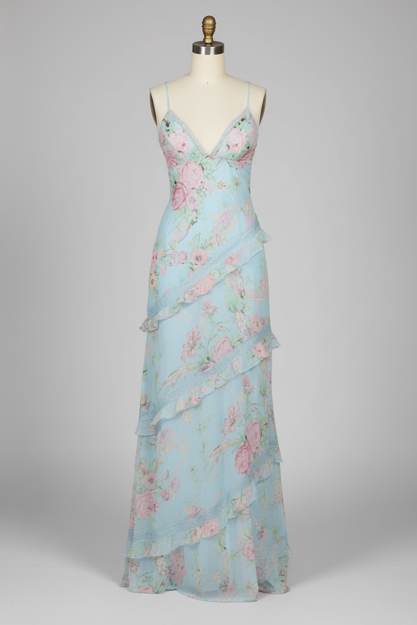 Light blue floral print tiered ruffle prom dress - front view