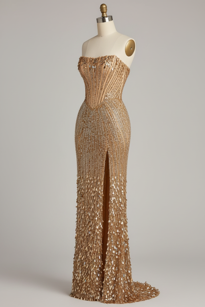 Gold fully beaded sunburst fitted evening gown - side view