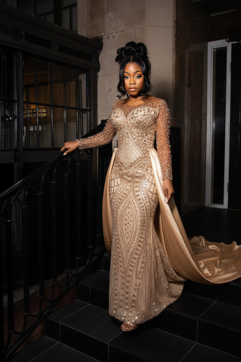 Champagne - Illusion Sleeve Beaded Gown