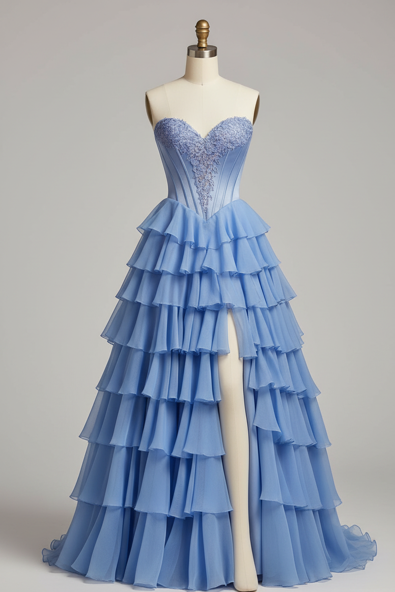 Periwinkle Blue Tiered Ruffle Prom Dress - Strapless Sweetheart Neckline with High Slit