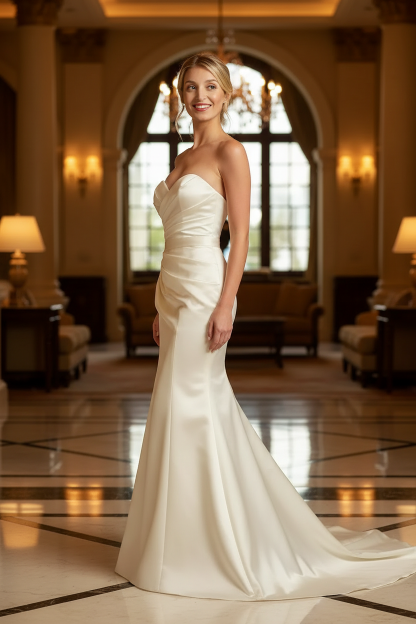 Bride wearing white satin strapless mermaid wedding dress - side