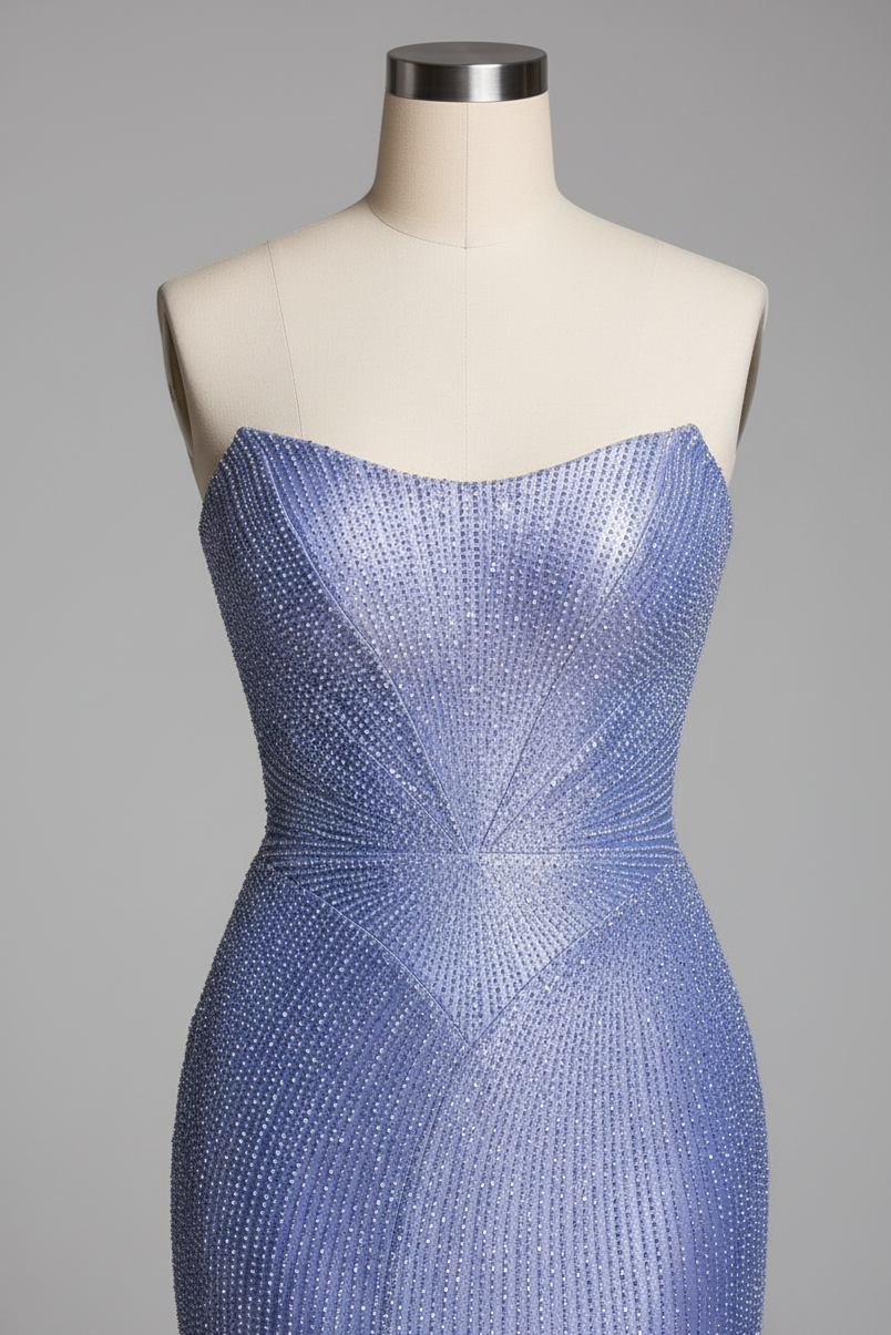 Periwinkle Blue Sequined Strapless Evening Gown with High Slit