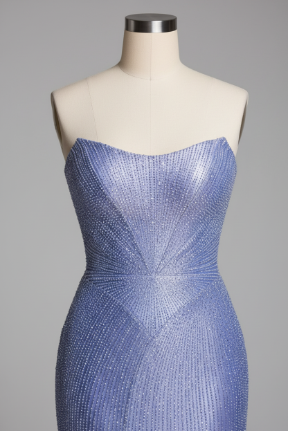 Periwinkle Blue Sequined Strapless Evening Gown with High Slit