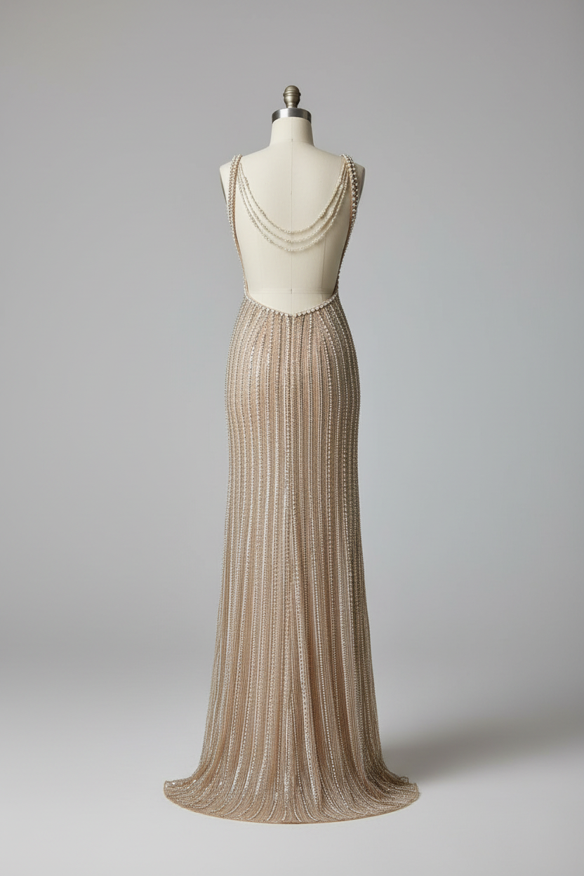 Champagne gold vertical beaded evening gown - back view