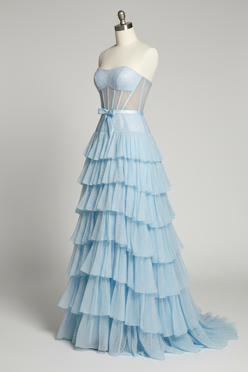 Light blue tiered tulle evening gown side angle view
