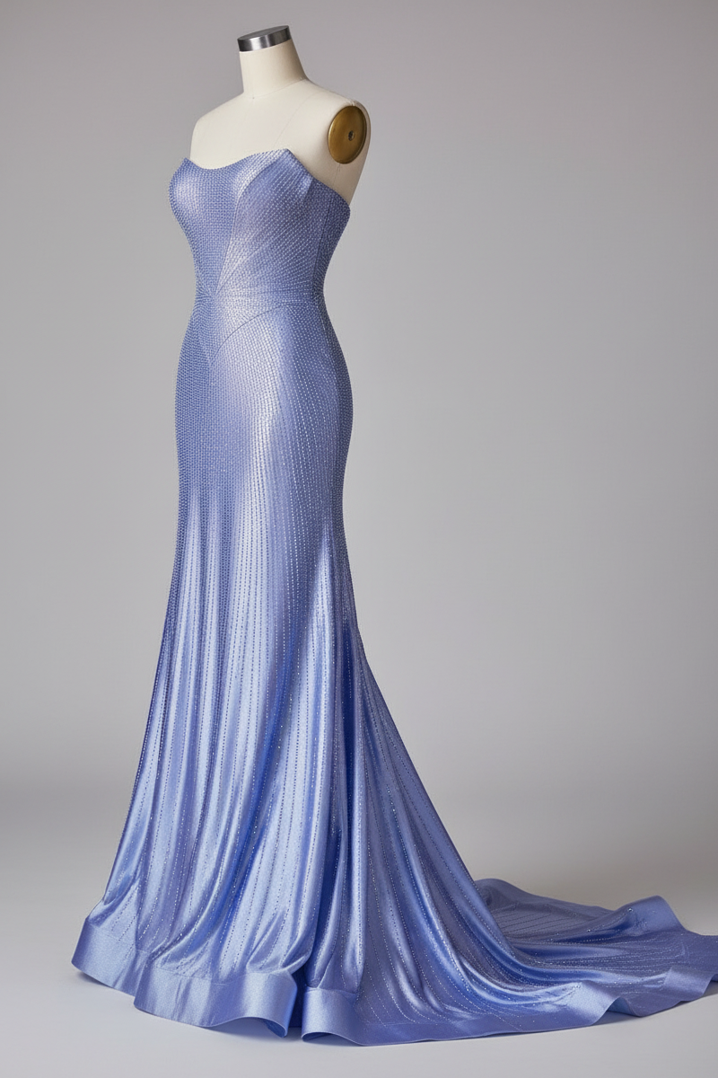 Periwinkle Blue Sequined Strapless Evening Gown with High Slit