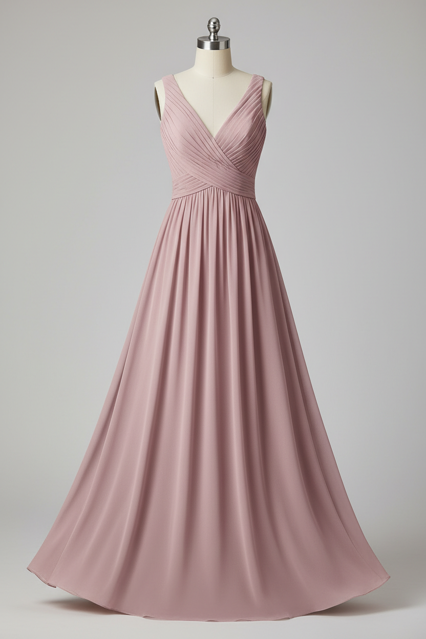 Dusty rose chiffon pleated V-neck A-line bridesmaid dress - front view