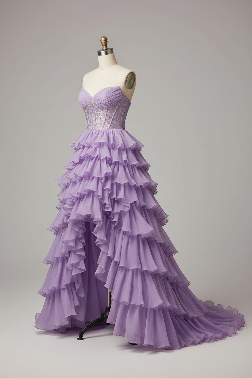 Lavender purple tiered ruffle high-low ball gown - alternate side view