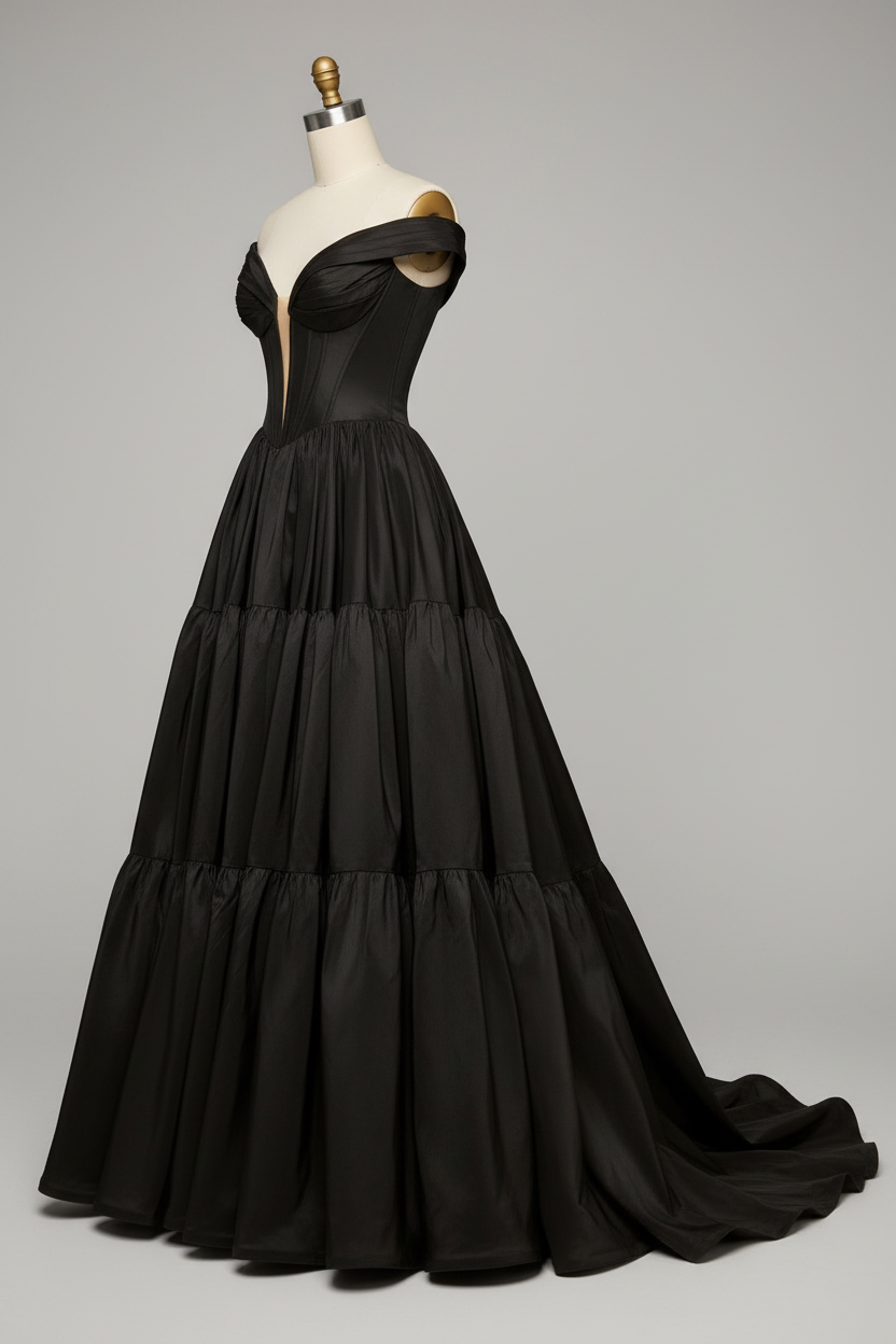 Black satin off-shoulder tiered ball gown - side view