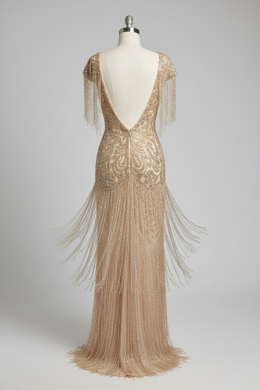 Champagne gold beaded fringe evening gown - back view