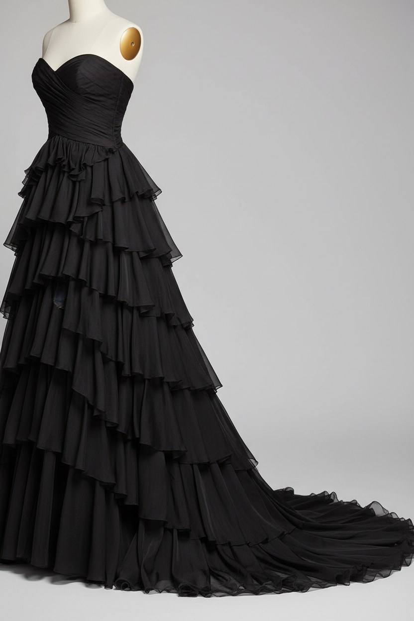Black tiered ruffle evening gown - hem and train detail
